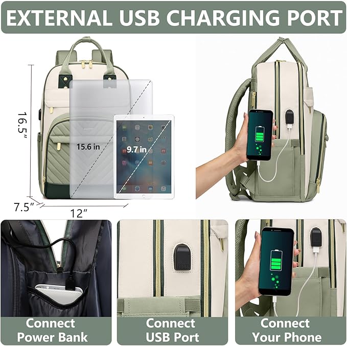 Laptop Backpack for Women Work Bag - 15.6 inch Travel Backpack with USB Charger College Bookbag Waterproof Business Computer Backpack Anti-theft Casual Backpacks for Nurse Teacher Beige Light Green