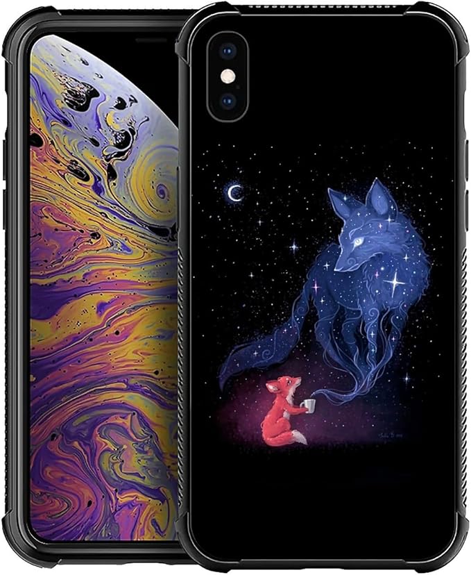 for iPhone Xs Max Case, Galaxy Fox Wolf Pattern Graphic Design Girl Boy Soft Silicone Hard Acrylic Shock Protection for iPhone Xs Max