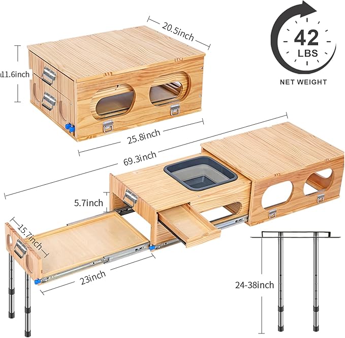 Wooden Overland Camping Slide-Out Kitchen with Drawer, Left Side, for SUV/Storage Space, for 2 Burners Stove, Folding Design