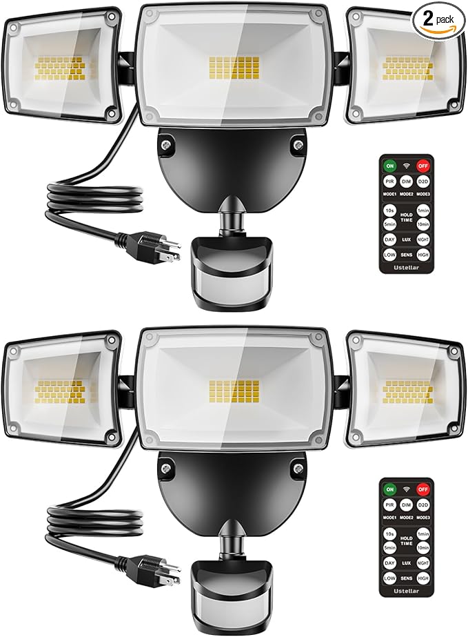 USTELLAR 55W Plug in Motion Sensor Lights Outdoor, Flood Lights Motion Sensor with Remote Control, Dusk to Dawn Security Light for Outside, 5000k, 5500lm, IP65 Waterproof for Porch, Yard-2 Pack