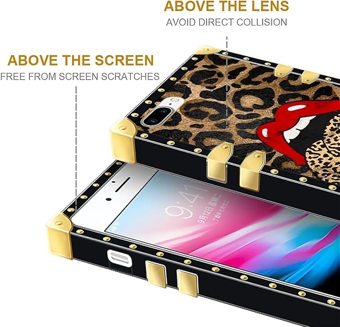 Compatible with iPhone 8 7 SE Case, Brown Leopard Print Mouth Luxury Golden Decoration for Girl Women Soft TPU Shockproof Protective Hard PC Back for iPhone 8 7 SE