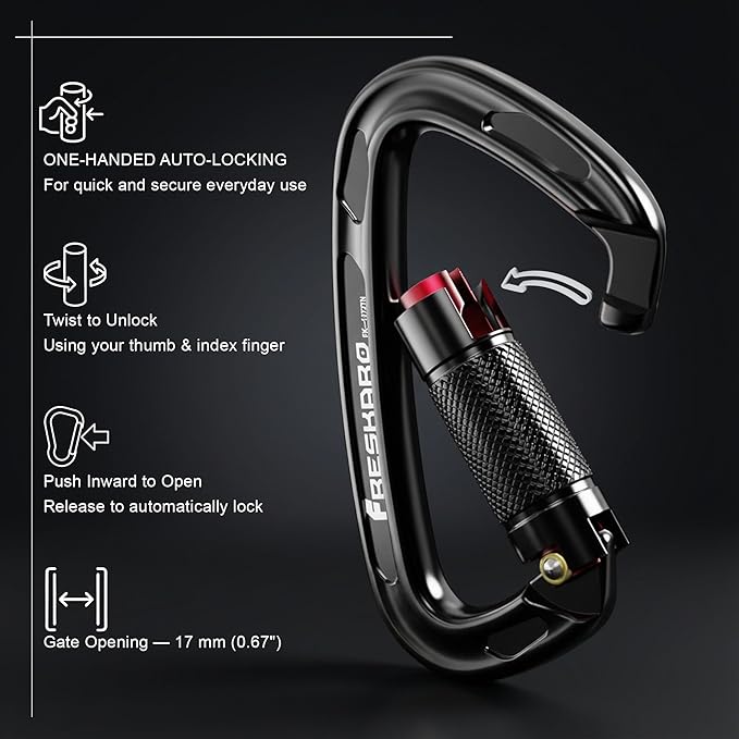 FresKaro UIAA Certified 25KN Auto Locking Climbing Carabiner Clips, Twist Lock, and Heavy Duty Carabiners for Rock Climbing, Rappelling, and Mountaineering, D Shaped