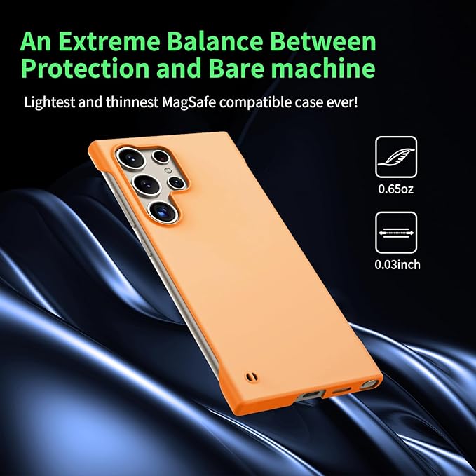 GRECAZO Slim Borderless for Samsung Galaxy S25 Ultra Phone Case 6.9"(2025) Ultra-Thin Lightweight Frameless Matte Hard PC Cover Case with Pull Ring Minimalist Non Slip Rope-Orange
