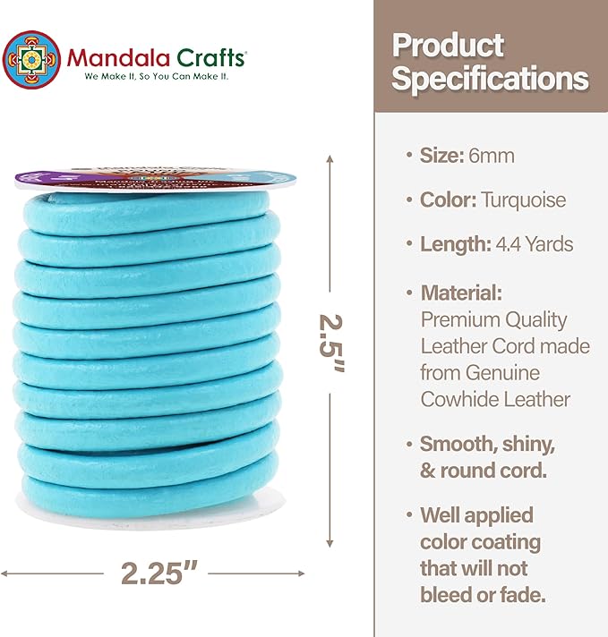 Mandala Crafts Round Genuine Turquoise Leather Cord for Jewelry Making – 6mm Cowhide Leather Rope String Lace for Kumihimo – 4.4 Yards Cowhide Craft Cording Spool