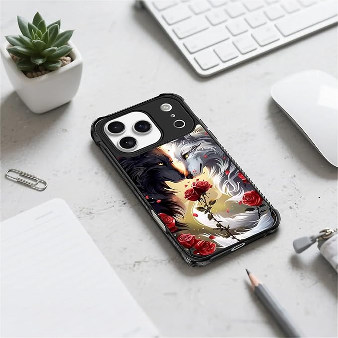 for iPhone 17 Pro Case,for MagSafe Graphic Design for Girl Boy Soft Silicone Hard Acrylic Shock Protection Designed for iPhone 17 Pro Black White Wolf Moon Flower Rose Pattern