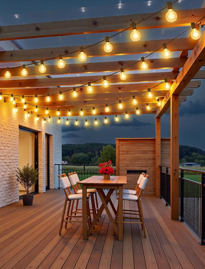 Larkvue 100FT(4x25FT) Solar String Lights Outdoor with Remote, Waterproof Dimmable 3 Modes Patio Light with 40+3 LED G40 Bulbs for Camping Porch-Black