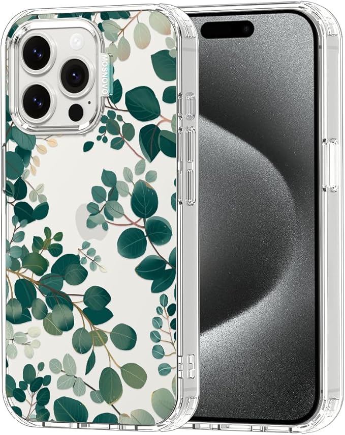 MOSNOVO Case for iPhone 15 Pro Max, [Buffertech 6.6ft Military-Grade Drop Protection] [Anti Peel Off Tech] Clear TPU Bumper Phone Case Cover Design - Eucalyptus