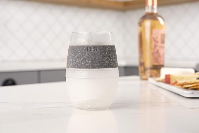 Host Wine Freeze Cup Set of 2 - Plastic Double Wall Insulated Wine Cooling Freezable Drink Vacuum Cup with Freezing Gel, Wine Glasses for Red and White Wine, 8.5 oz Grey - Gift Essentials