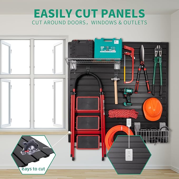 FRAYSCENT Slat Wall Paneling Garage Slat Wall Storage Systems Slatwall Panels Power Tool Organizer Wall Mount, PVC Garage Storage & Organization Products Slate Board (Black, 4ft x 4ft)