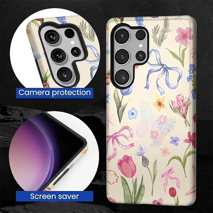 for Samsung Galaxy S25 Ultra Case,HL2 Aesthetic Flower Preppy Collage Hybrid 2 Layer Hard Shell Silicone Protective Pattern Design Case
