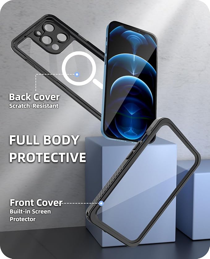 Beeasy for iPhone 12 Pro Max Waterproof Case [Compatible with Magsafe] [Built-in Screen Protector], 360 Full Body Heavy Duty Phone Case, Military Grade Shockproof Dustproof,Magnetic Black