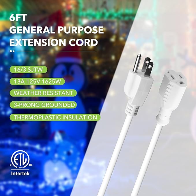 BN-LINK 6ft White Outdoor Extension Cord 16/3 SJTW, 2 Pack, 3-Prong, Weather Resistant & Flame Retardant, for Indoor, Garden, Landscaping & Holiday Decorations, ETL
