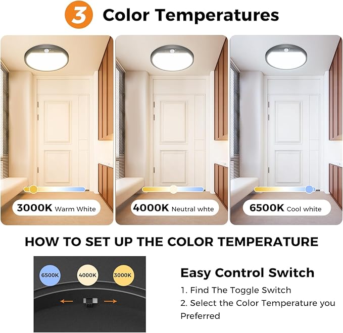 slochi 2Pack Motion Sensor Light Indoor Wired, 8.7 Inch 3000K/4000K/6500K Closet Lights Motion Sensored, 18W 1800LM Flush Mount Ceiling Light for Hallway Pantry Stairwell Porch, Black