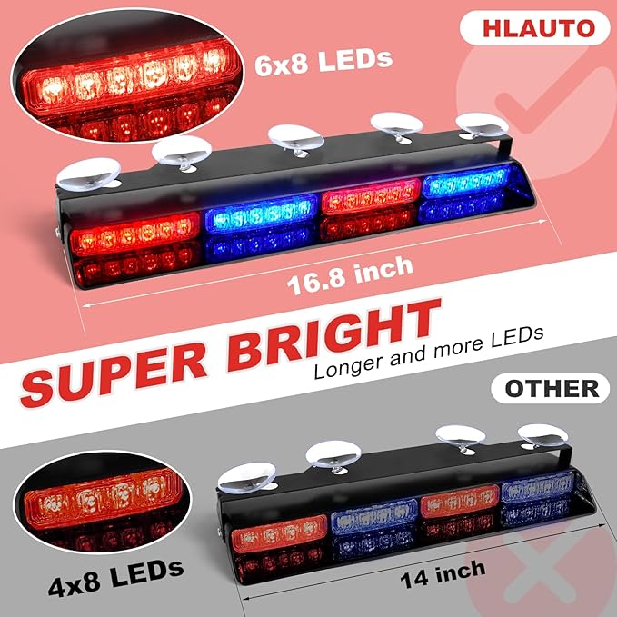 HLauto 604N Emergency Dash Strobe Lights: 2x16.8 inch Red Blue Security Light w/Take Down, 48 LED Safety Flashing Warning Hazard Interior Windshield Light Bar for Trucks Vehicles