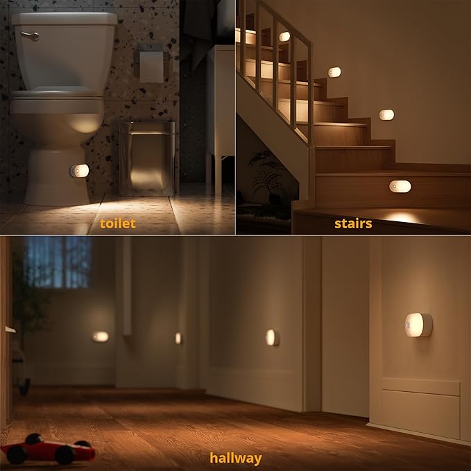 Lyridz Rechargeable Battery Night Light with Motion Sensor, Portable Mini Warm White LED Stick-on Closet Light, Adjustable Brightness for Bathroom, Bedroom, Kitchen, Cabinet, Stairs, Hallway, 2-Pack