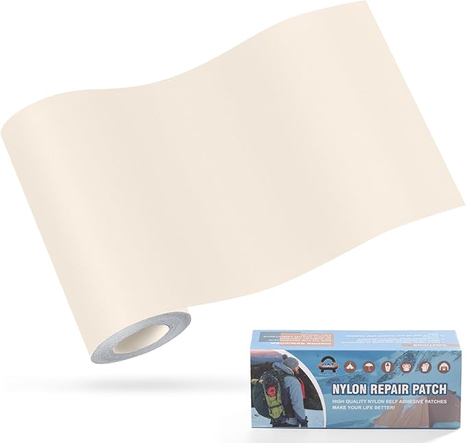 OAZ 3.9 x 63 inch Nylon Repair Patches Nylon Fabric Patch Self-Adhesive Fabric Repair Tape Waterproof Lightweight Outdoor Gear Patch Kit for Down Jacket Clothing Tent Bag (Beige White)