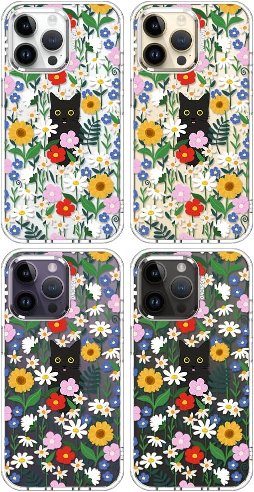MOSNOVO Case for iPhone 14 Pro Max, [Buffertech 6.6ft Military-Grade Drop Protection] [Anti Peel Off Tech] Clear TPU Bumper Phone Case Cover Design - Black Cat in Garden