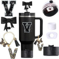 6pcs Black Stanley Cup Accessories Set, Bow Straw Topper for Stanley Cup 30oz 40oz, Including Straw Topper and Bow Silicone Boot, Stoppers Spill Proof, Handle Charm, Initials Sticker