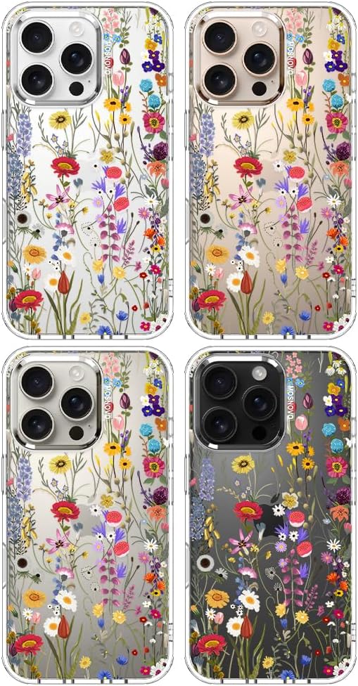 MOSNOVO Case for iPhone 16 Pro, [Buffertech 6.6ft Military-Grade Drop Protection] [Anti Peel Off Tech] Clear TPU Bumper Phone Case Cover Design - Wildflower Meadow
