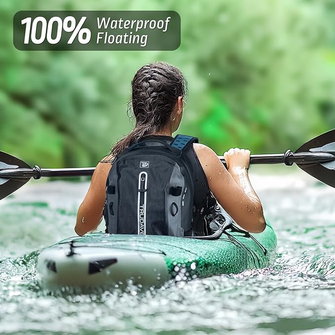 Trudave Waterproof Backpack, Waterproof Submersible Backpack, Floating TPU Coated Dry Bag with Airtight Zipper for Kayak, Fishing, Boating, Hiking, Black (20L)