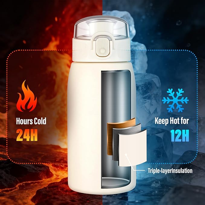 Insulated Water Bottle 12 oz with Dustproof Lid, Carry Handle & Tea Infuser, BPA-Free & Leakproof, Stainless Steel Water Bottles Ideal for Fitness, Hiking, Office & Outdoor Use （Beige ）