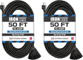 Iron Forge Cable 2 Pack 50 Ft Black Extension Cord with 3 Outlets - 16/3 SJTW 50 Foot Extension Cord 3 Prong, Weatherproof Power Cable for Outdoor