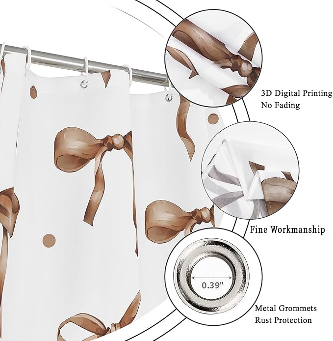 Brown Bow Shower Curtain, Brown and White Modern Aesthetic Bowknot with Polka Dot Cute Girly Bathroom Curtain Waterproof Fabric Machine Washable with Hooks, 72" Wx96 L