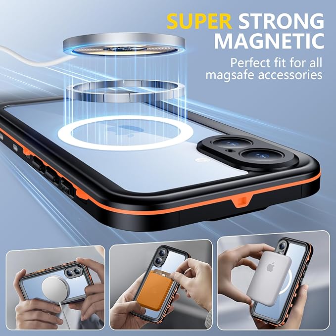 Red2Fire for iPhone 17 Case Waterproof, [Built-in Screen Protector & Camera Protector][Compatible with MagSafe][Full Body Shockproof][IP68 Waterproof][Dustproof] Phone Case 6.3" Orange/Clear