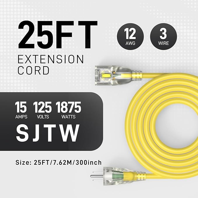 25FT 12/3 Gauge Heavy Duty Outdoor Extension Cord Waterproof, Weatherproof -58°F to 140°F with Lighted Outlet & Press-Release Lock, 15A 1875W 3 Prong, SJTW Electrical Power Cord, ETL Listed (Yellow)
