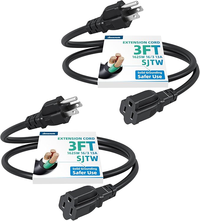 DEWENWILS 3Ft Outdoor Extension Cord, Short Extension Cord 16 AWG SJTW for Indoor Use, 3 Prong Grounded Outlets Plugs, Small Power Cable for Decor and Lights, Black, ETL Listed, 2 Pack