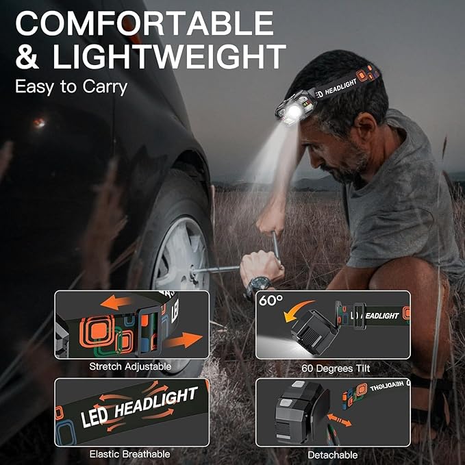KunHe 20 Pack led Rechargeable Headlamp Flashlight Headlight Motion Sensor 10 Mode for Outdoor Camping Gear Hiking Fishing Running Cycling Headlight Emergency Lights for Home