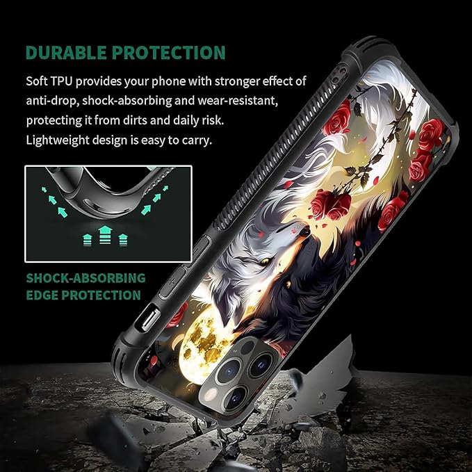 for iPhone 11 Pro Case, Black White Wolf Moon Flower Rose Pattern Made of Soft Silicone Hard Acrylic Shock Protection for iPhone 11 Pro