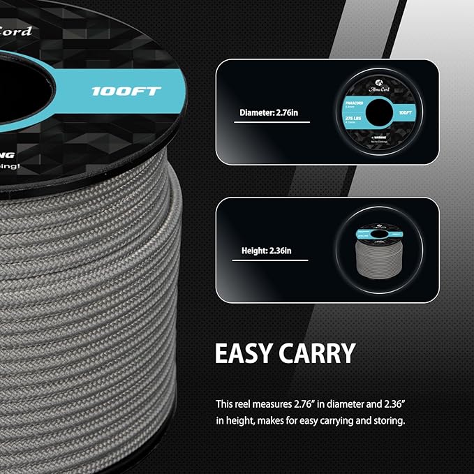 Abma Cord 2.4mm Paracord 275 100ft Nylon Rope 4 Strands Tactical Parachute Cord - Max. 275lbs - Grey