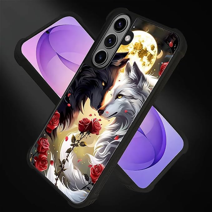 for Samsung Galaxy S26 Case,Graphic Design for Girl Boy Soft Silicone Hard Acrylic Shock Protection Designed for Samsung Galaxy S26 Black White Wolf Moon Flower Rose Pattern