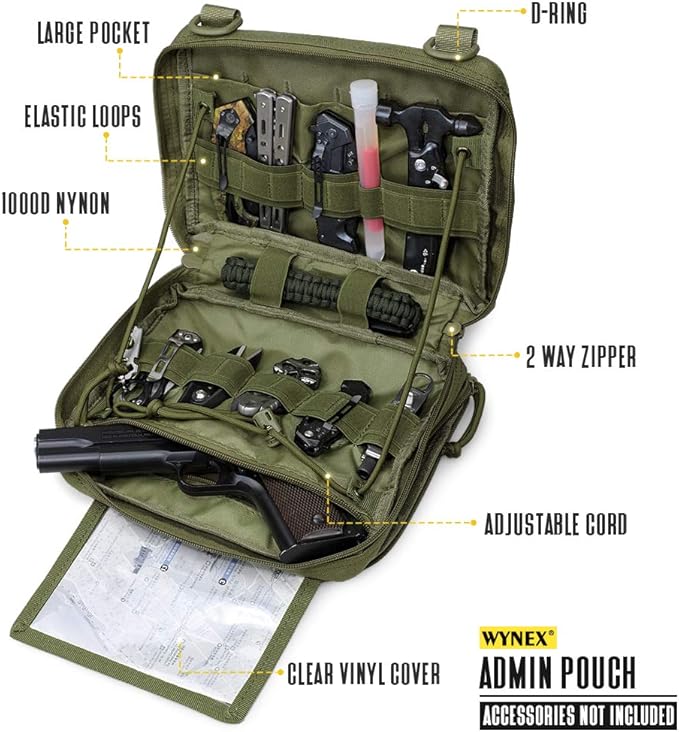 WYNEX Tactical Molle Admin Pouch of Double Layer Design, Admin Pouches Molle Attachment Military Medical EMT Organizer with Map Pocket EDC EMT Pack IFAK Tool Holder Universal U.S.A Patch Included