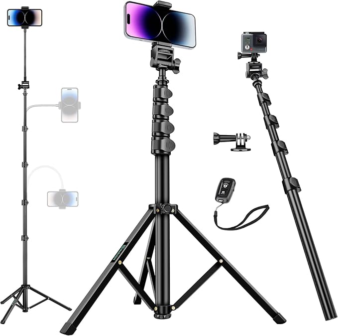 Nineigh 80" Phone Tripod, Selfie Stick Cellphone Tripod, Aluminum Tripods Stand for Video Photo Vlog, Travel Tripods with Gooseneck Remote Phone Holder, Compatible with iPhone Android Smartphone