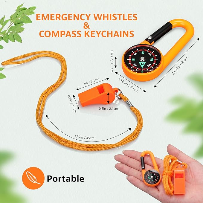 Honoson 24 Pcs Emergency Whistle and Compass Kit, 12 Survival Whistle with Lanyards Loud Blast 12 Magnetic Compass Keychain for Hiking Camping Orienteering Outdoor Navigation Accessories
