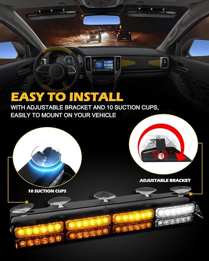 HLauto 604N Emergency Dash Strobe Lights: 2x16.8 inch Amber Security Light w/Take Down, 48 LED Safety Flashing Warning Hazard Interior Windshield Visor Light Bar for Trucks Vehicles