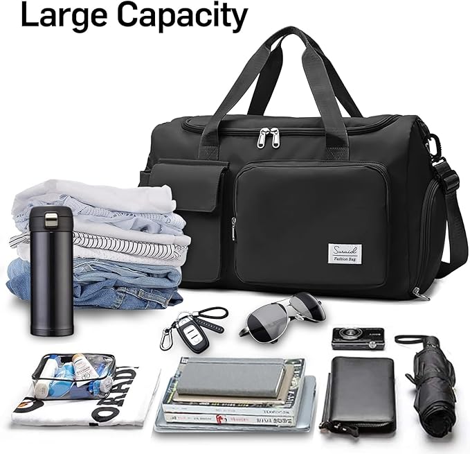 Suruid Sports Gym Duffel Bag with Shoes Compartment and Dry Wet Separated Pocket for Men and Women - Overnight Weekender Training Handbag Yoga Bag - Black