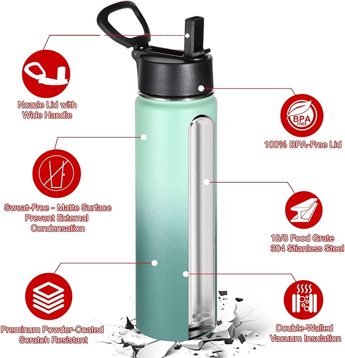 Volhoply 24oz Insulated Water Bottle With Straw Bulk 8 Pack,Metal Wide Mouth Water Bottles With Handle Keep Cold,Reusable Double Wall Cups,Powder Coated Sport Bottle For Holder(Assorted,8 count)