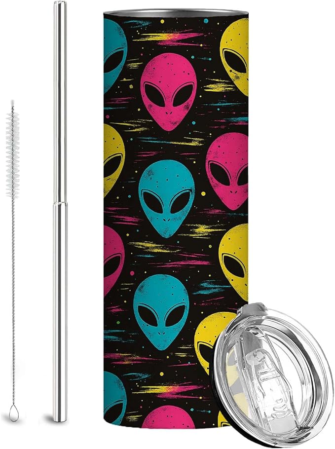 Firmiso 20 oz Tumbler｜Skinny Insulated Travel Mug｜Stainless Steel Cup with Lid and Telescopic Straw｜Colorful Alien Design｜Funny Novelty Drinkware｜Unique Gift Idea for Adults Men Women