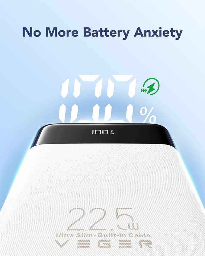 VEGER Portable Charger, Ultra Slim 22.5W Fast Charging with Built in Cable, Flight-Safe 10000mAh USB C Power Bank Battery Pack, Travel Essential Phone Powerbank for iPhone 17 16 Samsung S25 Google etc