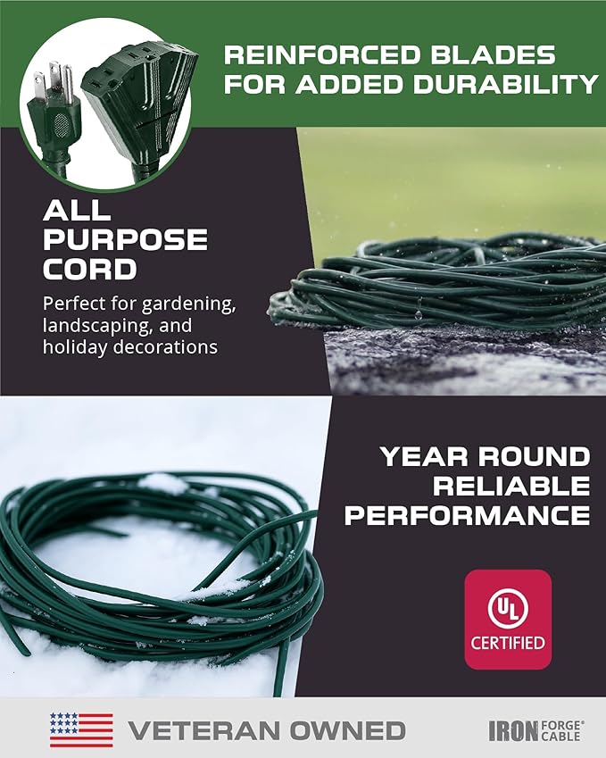 IRON FORGE CABLE 25 Foot Outdoor Extension Cord with 3 Electrical Power Outlets - 16/3 SJTW Durable Green Extension Cable with 3 Prong Grounded Plug for Safety