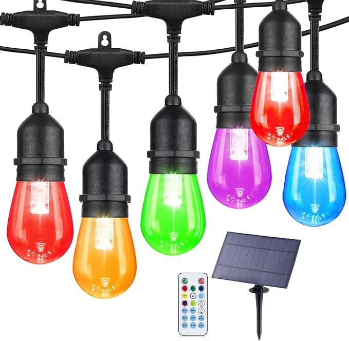 Auroraworld 24FT RGB Outdoor String Lights, Dimmable Color Changing Waterproof LED Patio Lights with Remote, 12 Shatterproof Bulbs for Garden Party Decor