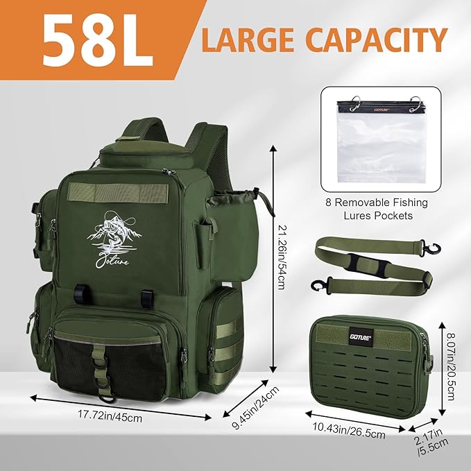 Goture Fishing Backpack, 900D Water-Resistant Tackle Backpack with Rod Holders, 58L Large Storage Gear Fishing Tackle Bag with Detachable Crossbody Bag,8 Lure Pockets,Bottle Holder for Camping Hiking