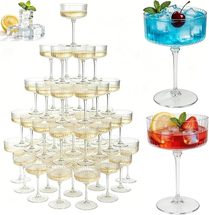 PLULON 36 Pcs Clear Martini Glasses Set 10 Oz Plastic Ribbed Coupe Glass, Cocktail Glasses Champagne Cup Tower Vintage Margarita Glassware for Cocktail Wine Bar Drinking Wedding Party Outdoor Events