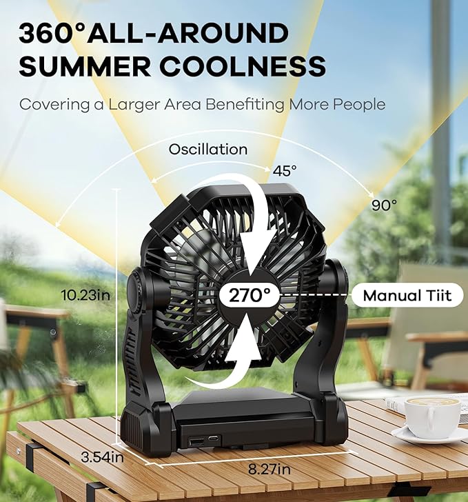 DOWILLDO 20000mAh Portable Battery Powered Camping Fan - with LED Light, Quiet Battery Operated, Camping Gear for Travel, Tent, Beach, Car or Hurricane Power Outages, Black