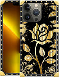 Compatible with iPhone 13 Pro Max Case, Shine Gold Rose Luxury Golden Decoration for Girl Women Soft TPU Shockproof Protective Hard PC Back for iPhone 13 Pro Max