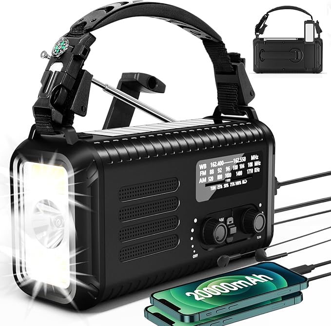 Emergency Hand Crank Weather Radio, Portable Solar Survival Radio with NOAA/AM/FM, 72000mWh/20000mAh Rechargeable Battery, Flashlight Reading Lamp, SOS Alarm Survival Kit for Hurricane,Power Outages