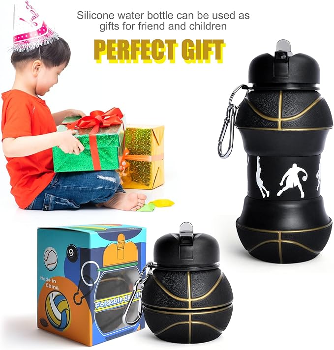Louis Donné Silicone Collapsible Water Bottle, Toddler Water Bottle Black Basketball Style, Kids 19oz Water Bottle, Toys Gift for Kid Travel Accessories